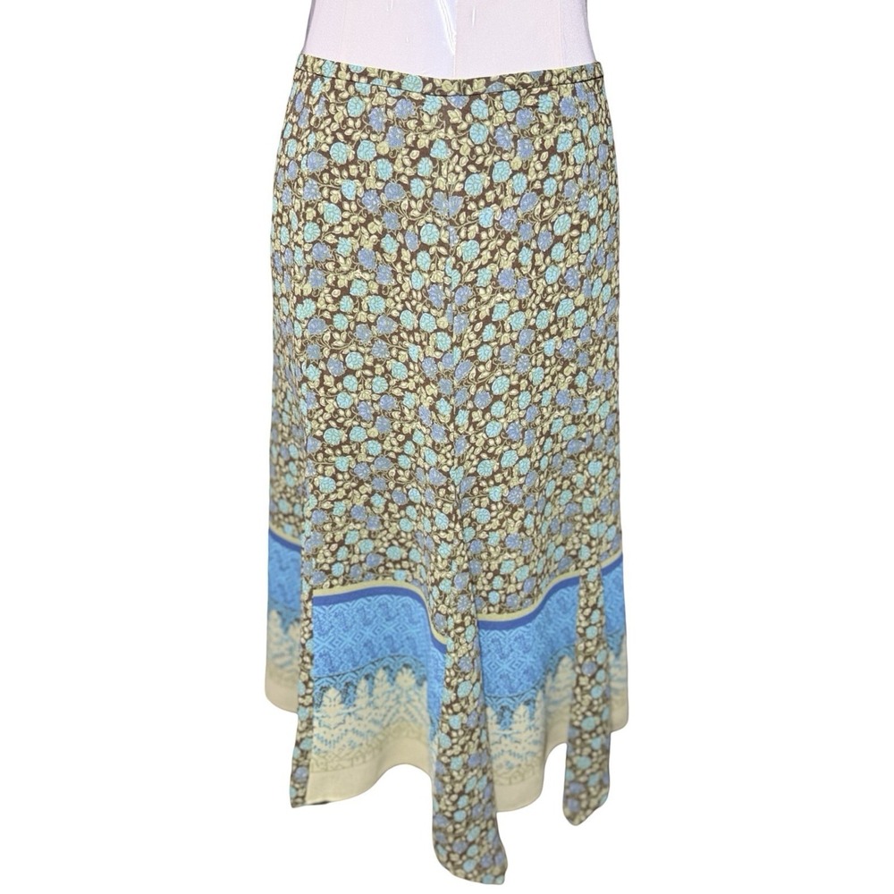 Vtg 90s Boho Floral Handkerchief Hem Midi Skirt Blue Brown Cottage Garden Sz 6